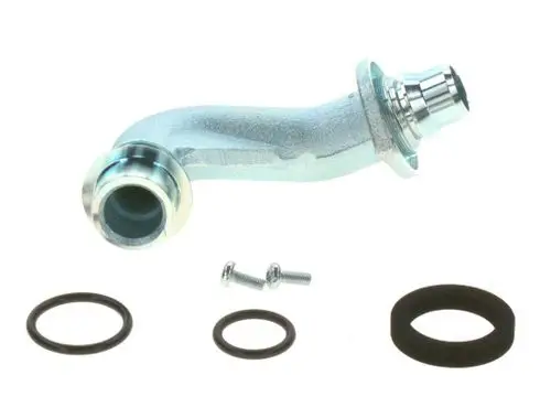 BOSCH Rohr mit gebogenem Design, ausgestattet mit einer glänzenden Anschlussfläche. Zubehörteile inklusive Schraube und O-Ringen sind ebenfalls abgebildet.